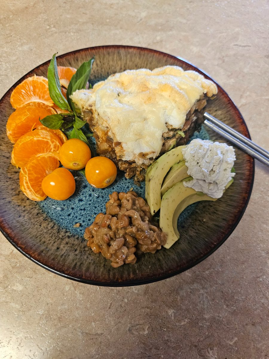 Egg White Vegetable Souffle with Natto, Avocado and Golden Berries