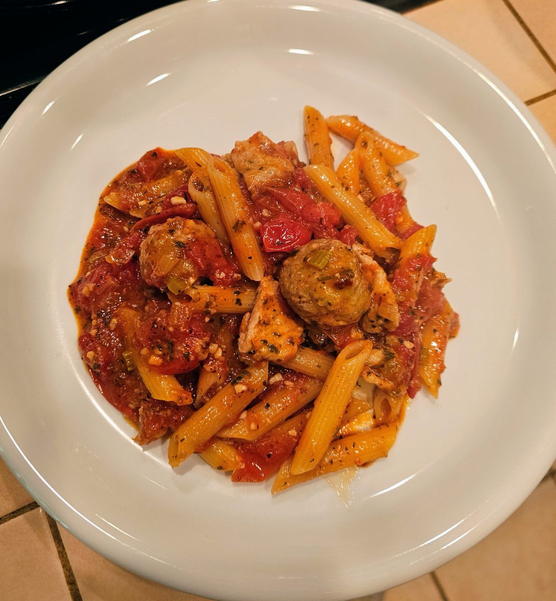 Pork and Meatball Penne in Fresh Tomato Sauce
