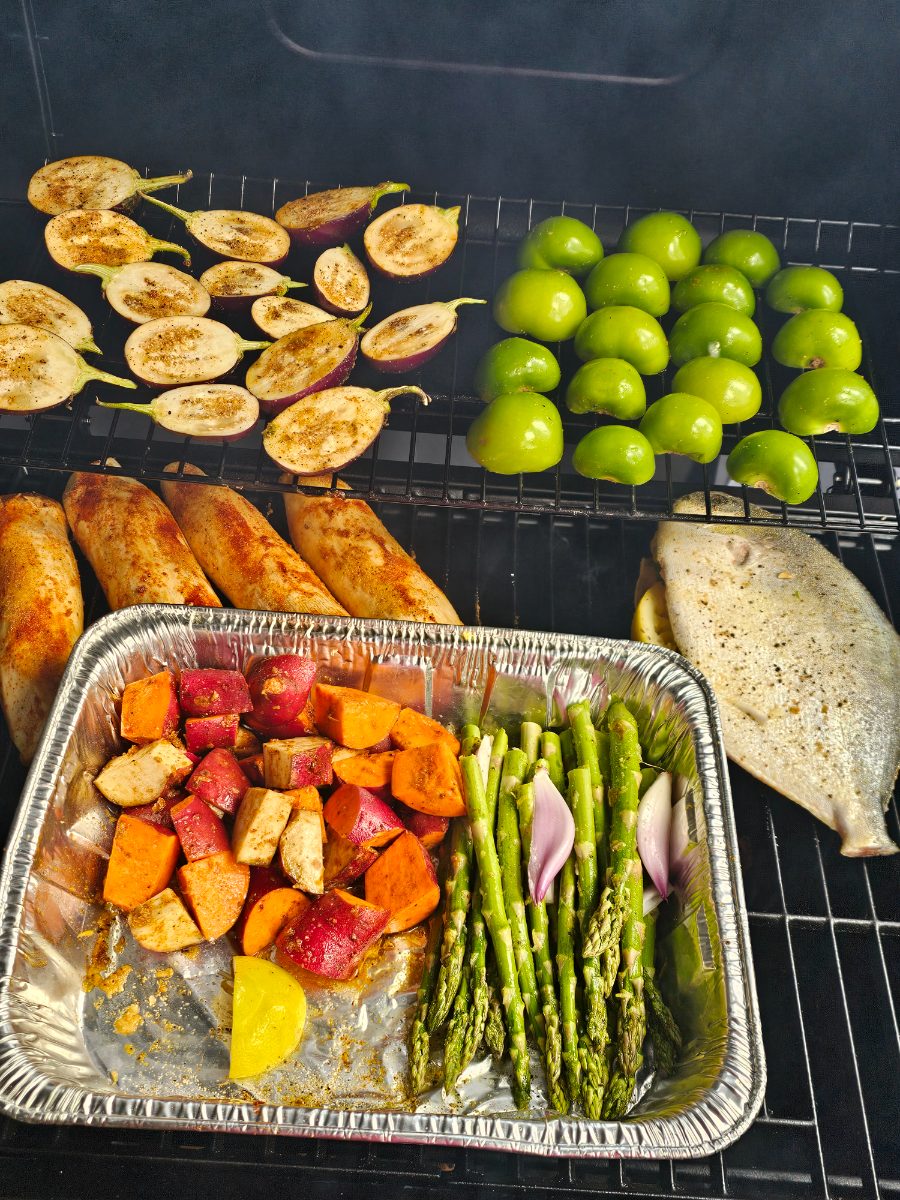 Smoked Stuffed Golden Pompano with Pecan Green Beans and Grilled Vegetables — Close-Up