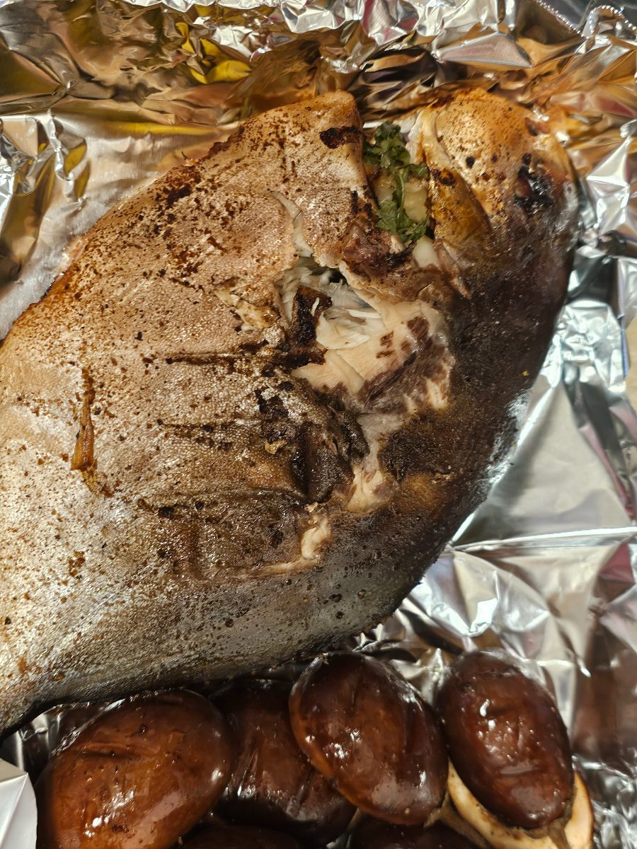 Smoked Stuffed Golden Pompano with Pecan Green Beans and Grilled Vegetables
