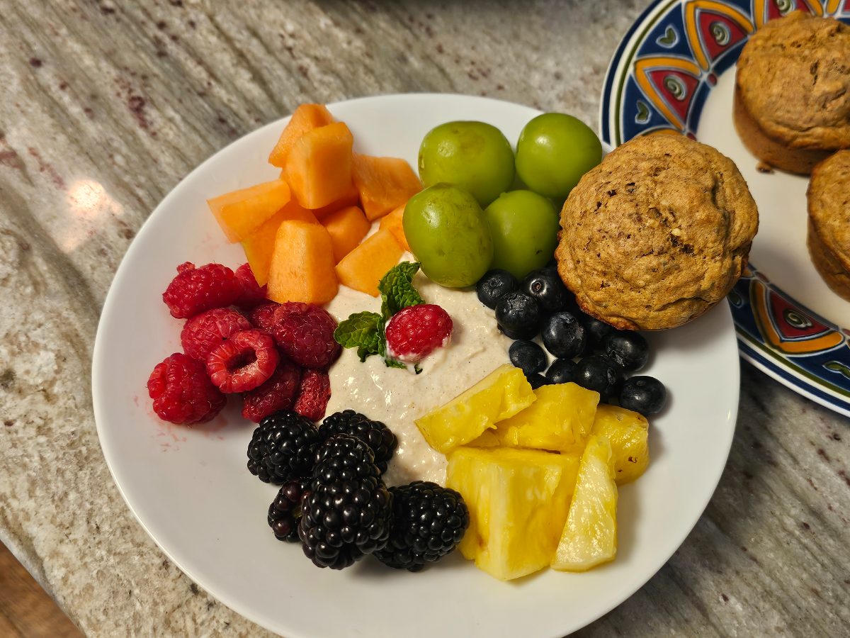 Sweet Potato Banana Muffins with Yogurt Dip and Fresh Fruit